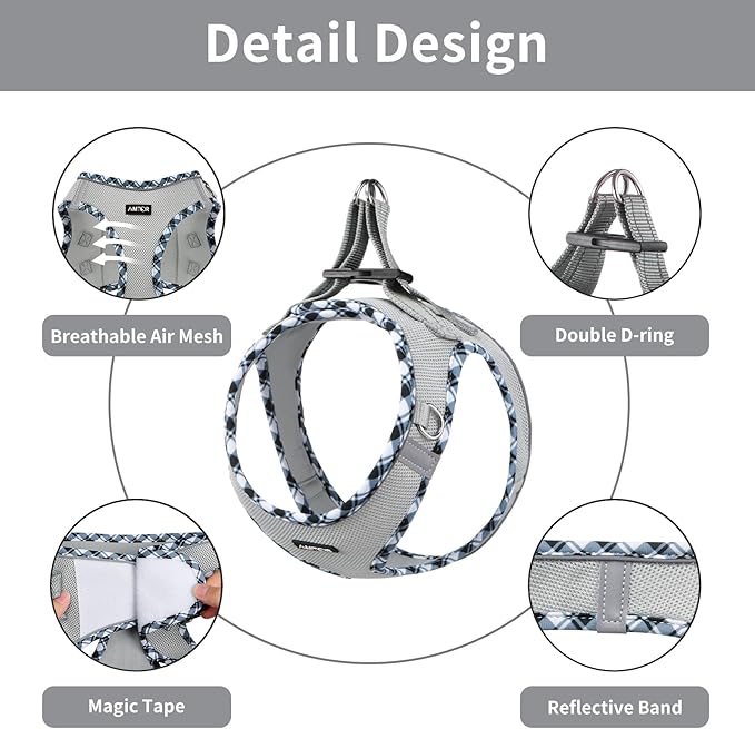 AMTOR Small Dog Harness with Leash Set, No Escape Easy Walk Puppy Harnesses for Training Walking, Step-in Reflective Soft Dogs Vest for XS S Medium Extra-Small Large Sized Dog(Grey, XS)