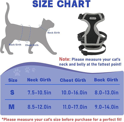 Cat Harness for Walking, Escape Proof Cat Harness and Leash Set with Reflective Strip, Adjustable Cat Leash Breathable Soft Vest for Small to Large Cats, BlackGrey, S