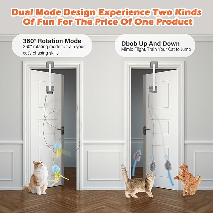 Rechargeable Electric Cat Teaser with Remote – Interactive Door Clip Teaser for Cats, 2 Motion Modes (360° Spin & Irregular Jumping), Smart Auto Cat Toy for Exercise & Fun (No Remote) (Grey)
