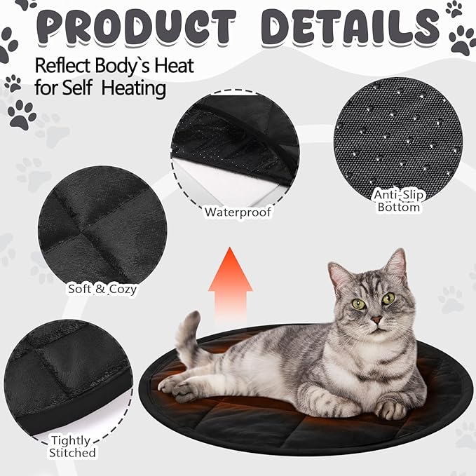 Drydiet 2 Pcs Self Warming Cat Mat Round Self Heating Pad Bed Reversible Machine Washable Heated Bed Anti Slip Warming Pad Pet Mat for Cat Crate Indoor Outdoor(Black,16 Inch)