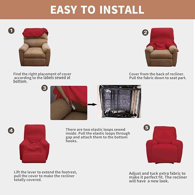 Easy-Going 100% Waterproof Recliner Cover, Dual Waterproof Couch Cover, 1-Piece Jacquard Sofa Cover, Leakproof Slipcover for Kids, Pets, Dog and Cat (Recliner, Christmas Red)