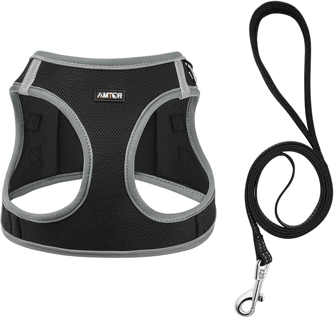 AMTOR Small Dog Harness with Leash Set, No Escape Easy Walk Puppy Harnesses for Training Walking, Step-in Reflective Soft Dogs Vest for XS S Medium Extra-Small Large Sized Dog(L,Black/Grey)