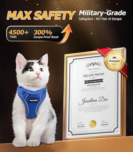 Halypet Cat Harness and Leash Set [MAX Safety 4th-Gen Upgrade] Escape Proof Adjustable Cat Leash Comfortable Soft Vest Easy to Wear Kitten Harness with Reflective Strip for Cats Walking, M Blue