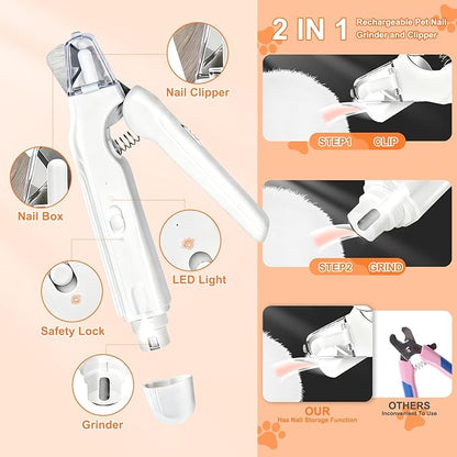 2-in-1 Dog Nail Grinder & Cat Nail Clippers Trimmers for Large Medium Small Dogs Cats Claw Trimmer Quick Sensor with 2 LED Lights Safety Guard USB Rechargeable Dogs Nail Trimmer (White)