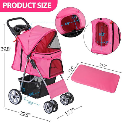 Pet Stroller 4 Wheels Dog Cat Stroller for Small Medium Dog Cats Carrier Jogger Travel Foldable Puppy with Storage Basket and Cup Holder (Pink)