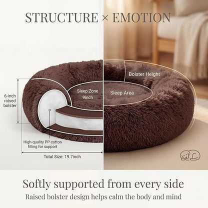 Calming Donut Dogs Beds for Small Dogs Washable,19inch Fluffy Round Puppy Bed for Puppies,Cats & Toy Breeds with Raised Rim,Fits up to 15 lbs Pets,Chocolate Brown