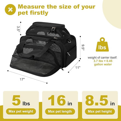 pidipiti 17x11x9.5 Alaska Hawaiian Southwest Airline Approved top and 1 Side Expandable pet Carrier for Extra-Small Dog/Small cat up to 5 lbs