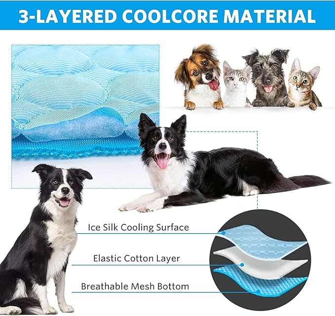 Mannice Dog Cooling Mat, Pet Cooling Mat for Dogs Cooling Blanket for Dogs Dog Cooling Pad for Kennels, Crates, Cars, Indoor & Outdoor Ice Silk Cooling Mat for Extra Large Dogs (Blue, M(15 * 17"))