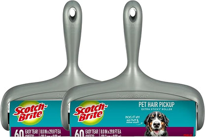 Scotch-Brite Pet Hair Pickup Extra Sticky Large Surface Lint Roller with Handle, 50% Stickier, 8 in x 29.8 ft Each, 2 Pack, 120 Easy-Tear Sheets Total