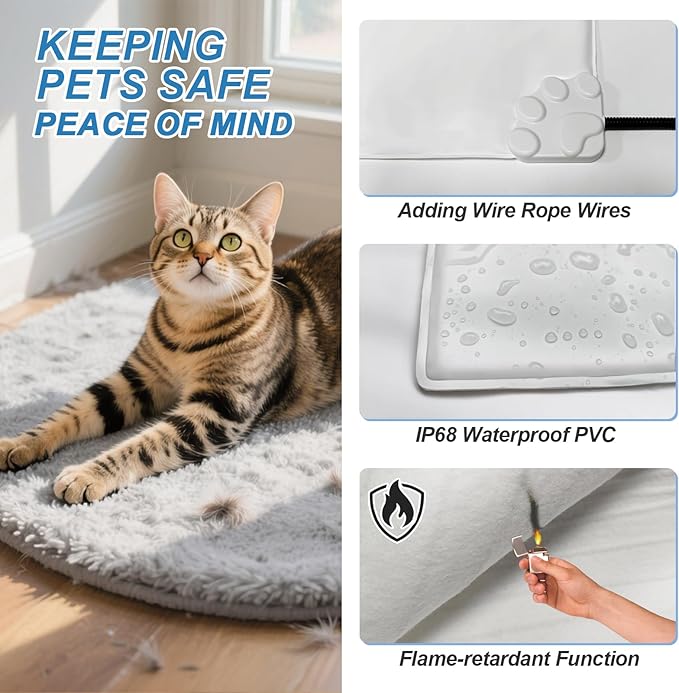 GOLOPET Large Dog Heating Pad 36x24 in with Smart Thermostat Switch and Power Line Protection Tube,Obtained MET and UL Dual Certification,Waterproof Pet Heating Pad with Long Velvet Cloth Cover