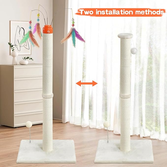 YARUOMY Cat Scratching Post ，41.3" Sisal Rope Cat Scratcher Tall Scratching Post for Indoor Cats Adult with Interactive Cat Toys Automatic Teaser Wand and Rotating Hanging Balls