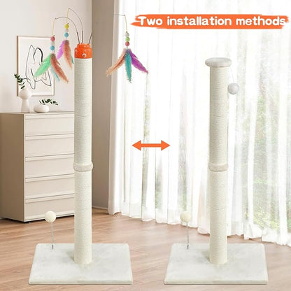 YARUOMY Cat Scratching Post ，41.3" Sisal Rope Cat Scratcher Tall Scratching Post for Indoor Cats Adult with Interactive Cat Toys Automatic Teaser Wand and Rotating Hanging Balls