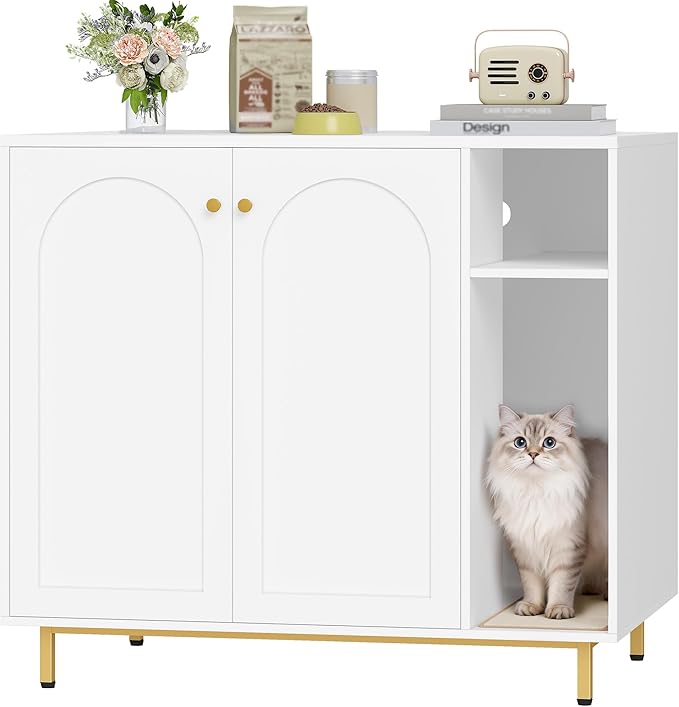 Hzuaneri Extra Large Cat Litter Box Enclosure, Automatic Litter Box Furniture with Scratch Pad, Wooden Modern Self-Cleaning Cat Cabinet with Storage, Cats House, End Table, White and Gold CB87103G