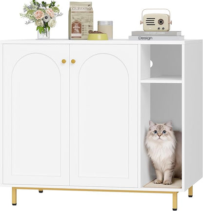 Hzuaneri Extra Large Cat Litter Box Enclosure, Automatic Litter Box Furniture with Scratch Pad, Wooden Modern Self-Cleaning Cat Cabinet with Storage, Cats House, End Table, White and Gold CB87103G