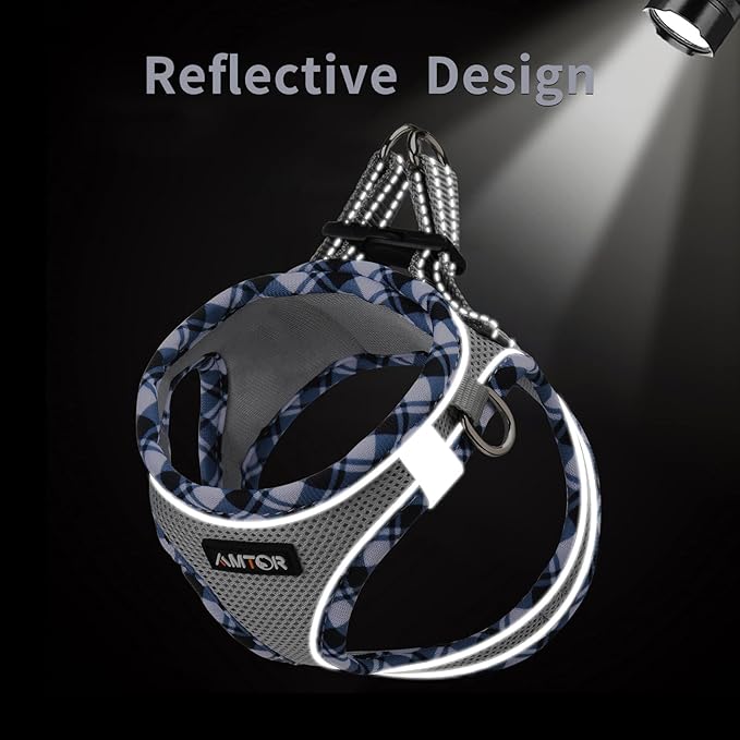 AMTOR Small Dog Harness with Leash Set, No Escape Easy Walk Puppy Harnesses for Training Walking, Step-in Reflective Soft Dogs Vest for XS S Medium Extra-Small Large Sized Dog(Grey, XS)