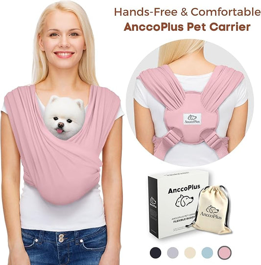 AnccoPlus Dog Carriers for Small Dogs, Front Facing Dog Sling Carrier, Hands Free Cat Carrier, Size Adjustable, Reducing Back Pain, Premium Cotton, Safe and Soft Dog Carrier (Plus, Light Pink)