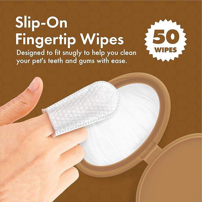 Petkin Fingertip Tooth Wipes for Dogs and Cats, 50 Finger Wipes - Slip-On, Snug Fit, Micro-Bristle Fabric - Cleans Teeth, Gums, Plaque & Tartar - Convenient, Ideal for Home and Travel - Peanut Butter