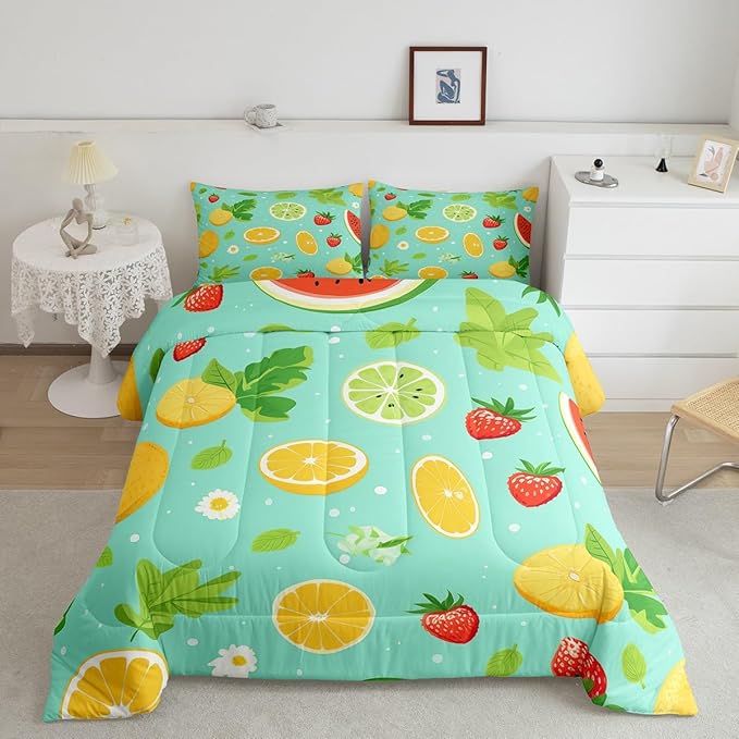 Erosebridal Tropical Fruit Full Comforter Set Strawberry Lemon Bedding Set Summer Holiday Duvet Insert White Daisy Flower Leaves Bed Set,Children Blue Breathable Soft Home Décorative 3 Piece