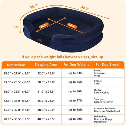 Dwanton Orthopedic Dog Bed for Extra Extra Large Dogs with Gel Memory Foam, Waterproof Dog Sofa, Washable Pet Bed with Four Sided Bolster Cushion, Removable Cover & Non-Slip Bottom, 48", Navy Blue
