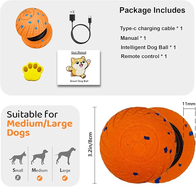 Interactive Dog Toy Ball with Remote: Automatic Bouncing, Vibration and Jumping Action Interactive Toy, Durable Duraspin for Aggressive Chewers, Rechargeable, for Indoor & Outdoor Use Orange.