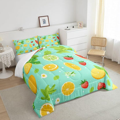 Erosebridal Tropical Fruit King Comforter Set Strawberry Lemon Bedding Set Summer Holiday Duvet Insert White Daisy Flower Leaves Bed Set,Children Blue Breathable Soft Home Décorative 3 Piece