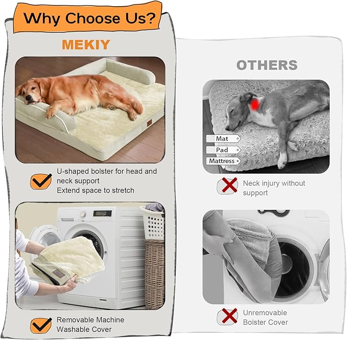Large Dog Bed Orthopedic Washable - Waterproof with Removable Cover - Memory Foam - XXL Large Big Dogs - Beds Bolster Pet - Couch Sofa - Beige Dog Bed