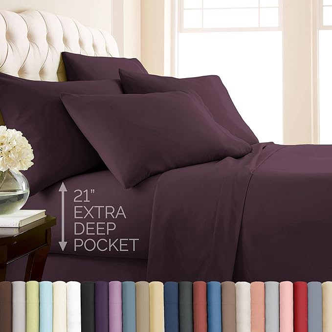 Southshore Fine Living, Inc. 6-Piece, 21-Inch Queen Deep Pocket Sheet Set, Wrinkle Free Sheets Queen Size Bed Set, 1 Full Elastic Fitted Sheet, 1 Oversized Flat, 4 Purple Pillow Cases, Purple Sheets