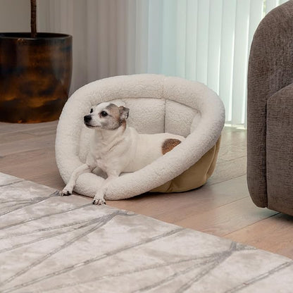 Sherry Kline Small Cuddler Cup Pet Bed: Cozy Retreat with Deep Cushioning, Secure & Snug Space for Nap or Lounge, Easy in 'n' Out Access, Polyester Fiber, Round Shape (Taupe)