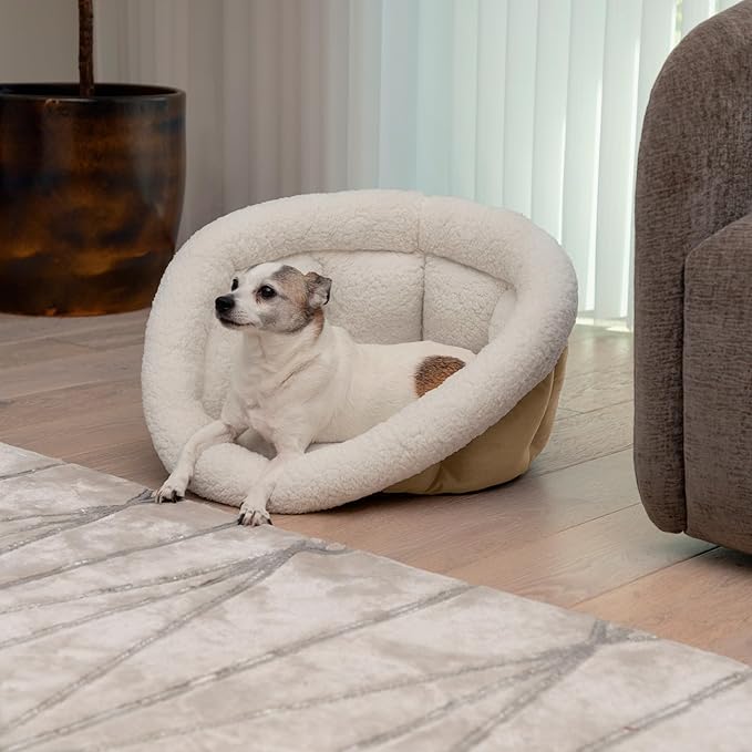 Sherry Kline Medium Cuddler Cup Pet Bed: Cozy Retreat with Deep Cushioning, Secure & Snug Space for Nap or Lounge, Easy in 'n' Out Access, Polyester Fiber, Round Shape (Taupe)