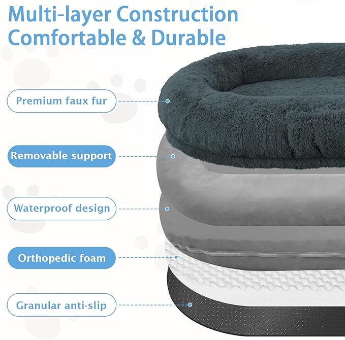 Human Dog Bed, 71''x45''x12'' Size Fits People and Pet 10 CM Thick Memory Foam Washable Adult Large Bed Giant Oversize Foldable Dog Bed with Plump Pillow, Blanket, Strap - Darkgrey