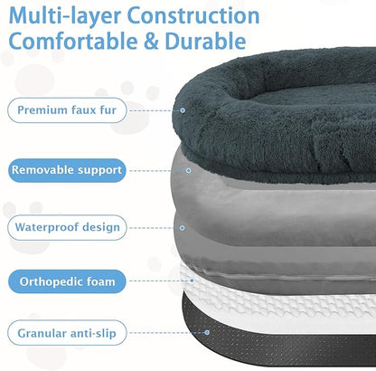 Human Dog Bed, 71''x45''x12'' Size Fits People and Pet 10 CM Thick Memory Foam Washable Adult Large Bed Giant Oversize Foldable Dog Bed with Plump Pillow, Blanket, Strap - Darkgrey