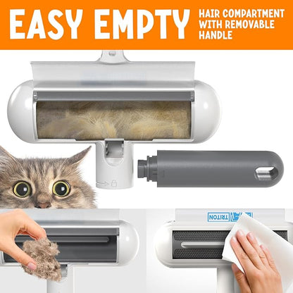 Triton Travel Pet Hair Removal Tool w/Fur Trapping Compartment and Detachable Handle, 60% Smaller Storage Size, Reusable Shedding Roller, Cat and Dog Hair Remover for Furniture, Couch (Gray/White)
