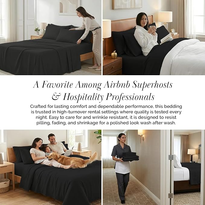 Southshore Fine Living, Inc. 6-Piece Full Sheet Set Premium Bedding, 21-Inch Black Full Size Sheets Set, 1 Deep Pocket Fitted Sheet, 1 Flat Bedsheet, Queen Pillow Cases, Black Sheets