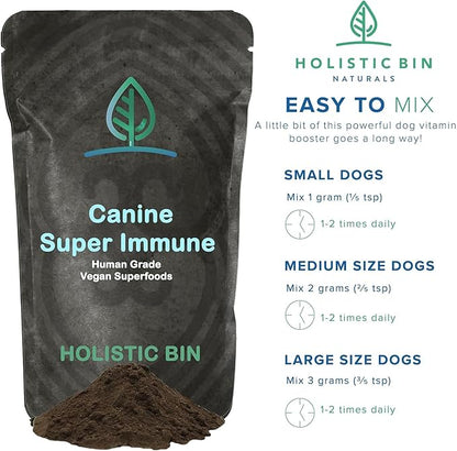 Holistic Bin Canine Super Immune Blend | Nutrient-Rich Dog Food Toppers, Plant-Based Supplements for Pets | Greens, Mushrooms and Probiotic Wellness Blend | Ideal for Aging Dogs | Immune Powder (100g)