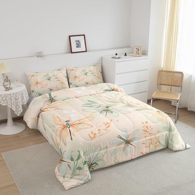Erosebridal Dragonfly Comforter Set King Animal Bedding Sets Plants Bedding Set Spring Duvet Set,Beige Quilted Duvet Butterfly Girls Women Breathable Bedroom Décorative 3 Piece