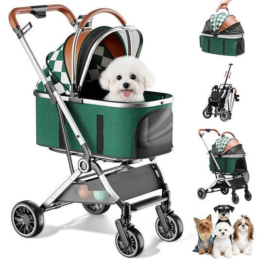 GTPLAYER 3 in 1 Pet Stroller with Removable Carrier, Foldable Stroller for Small/Medium Dogs and Cats, All-Terrain, with Sun Shades, Car Seat, Up to 45 lbs, Green