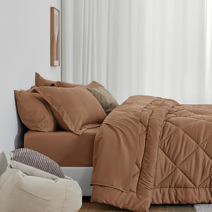 Love's cabin Queen Comforter Set Mocha Mousse, 7 Pieces Queen Bed in a Bag, All Season Bedding Sets with 1 Comforter, 1 Flat Sheet, 1 Fitted Sheet, 2 Pillowcase and 2 Pillow Sham