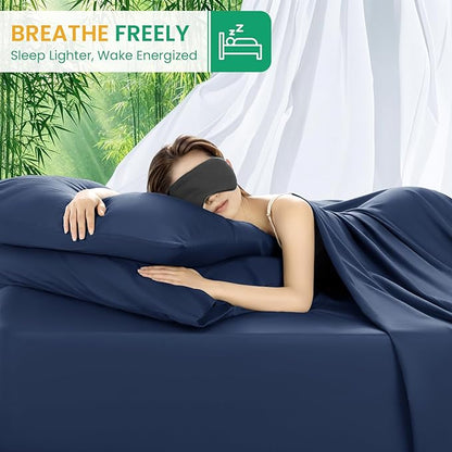 SONORO KATE 100% Viscose Derived from Bamboo_Sheets King Size, Ultra Breathable & Cooling Bed Sheets for Hot Sleepers, Hotel Luxury Silky Bedding Sheets, 16" Deep Pocket - 4PC (Navy Blue,King)