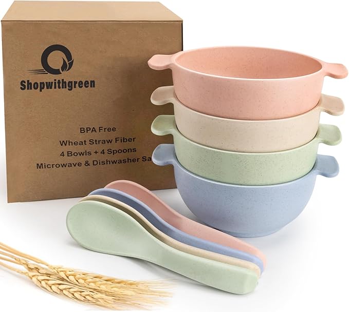 shopwithgreen Unbreakable Kids Bowls -Microwave Dishwasher Safe- Wheat Straw Snack Bowl Sets for Kids/Toddler/Children/Baby Feeding - 4 Bowls and 4 Spoons, Lightweight and Durable, 14 OZ