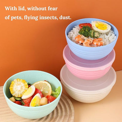 shopwithgreen Wheat Straw Cereal Bowls with Dust-Proof Lid, Resuable Bowls for Kitchen, Set of 4, Microwave and Dishwasher Safe, for Soup, Oatmeal, Ramen, RV, Camping, Kids, College Dorm Room, 26 OZ
