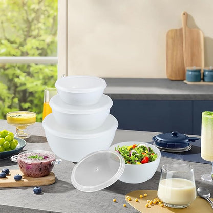 Set of 4 Plastic Prep Bowls with Lids，Microwave and Dishwasher Safe,Ideal for Baking, Prepping, Cooking and Serving Food (White)