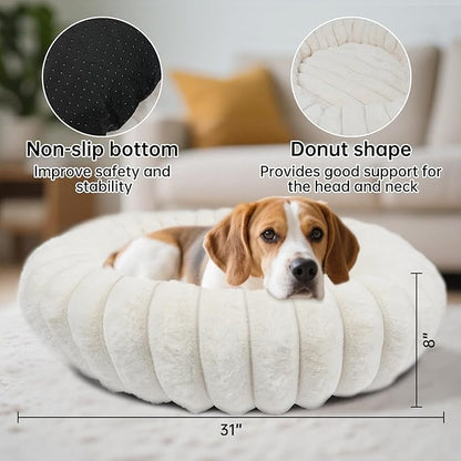 Warming Faux Rabbit Fur Pet Beds – Luxurious Donut Dog & Cat Bed, Anti-Anxiety Calming Cuddler Bed for Small Medim Dogs, Washable Round Puppy Kitten Beds, Non-Slip Bottom(31x31x8, White)