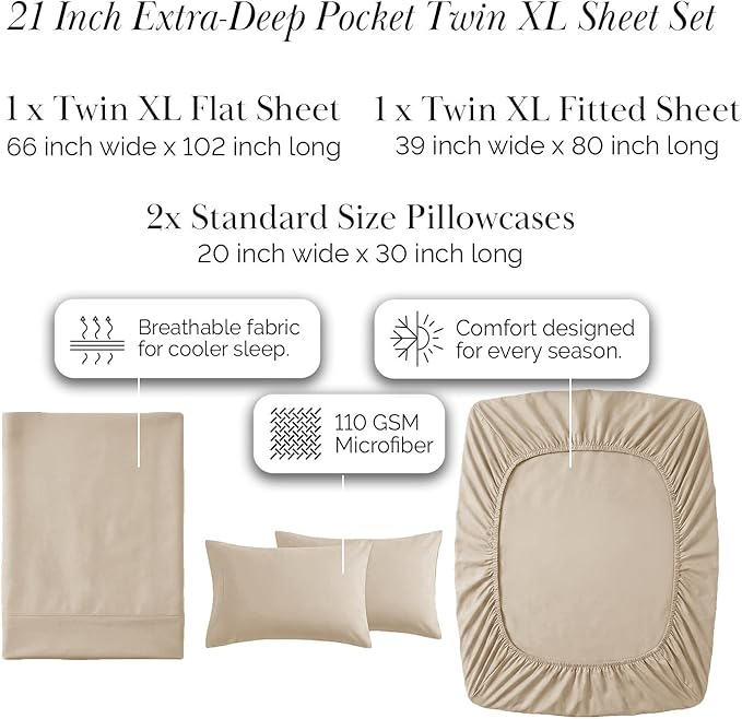 Southshore Fine Living, Inc. 4-Piece Twin XL Sheet Sets, 21-Inch Extra Deep Pocket Twin XL Sheets, Oversized Flat Sheet, Beige Pillow Cases Standard Size Set of 2, Beige Sheets Set, Soft Sand