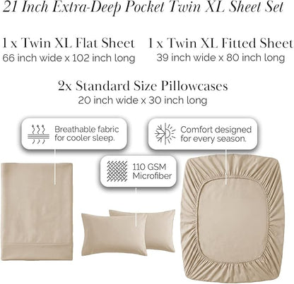 Southshore Fine Living, Inc. 4-Piece Twin XL Sheet Sets, 21-Inch Extra Deep Pocket Twin XL Sheets, Oversized Flat Sheet, Beige Pillow Cases Standard Size Set of 2, Beige Sheets Set, Soft Sand