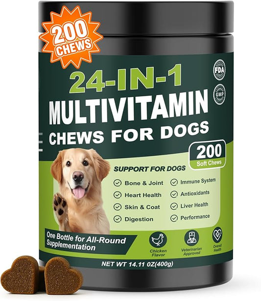 24-in-1 Dog Multivitamins Chewable, 200 Count Dog Vitamins and Supplements with Glucosamine Chondroitin Probiotics Omega-3 for Skin Coat Hip Joint Heart Liver Brain Eye Support - Chicken