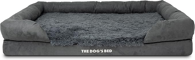 The Dog’s Bed Orthopedic Memory Foam Dog Bed with Bolsters for XXL Dogs, Waterproof Washable Cover, Anti-Slip Base, Calming Surface – CertiPUR-Certified Foam, Fur Fabric, Grey Fur, XXL