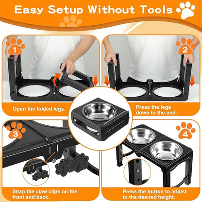 COMESOON Elevated Dog Bowls, 5 Adjustable Heights (3.9"-13.4") Raised Dogs Food Bowl Stand for Medium Large Sized Dogs, Non-Slip Foldable Travel Pet Feeder Black with Stainless Steel Bowls