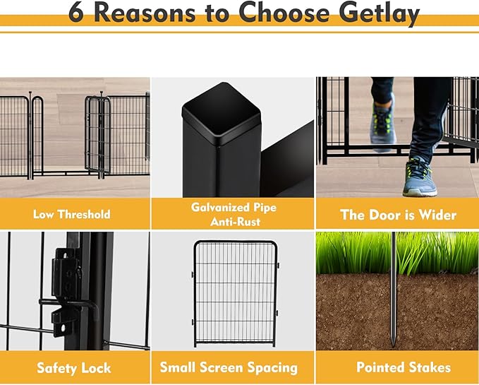 Getlay Dog Playpen 36inch 4 Panels, Puppy Playpen Indoors, Dog Fences Outdoor for Yard, Wide Door Low Threshold Garden Fencing for Medium/Large Pets. Black Pens Total 8.9 Ft(L)