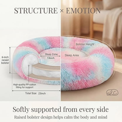Calming Donut Dogs Beds for Small Dogs Washable,23inch Plush Round Pet Bed for Cozy Sleep,Fluffy Faux Fur Large Cat Bed,Fits up to 25 lbs Pets,Multi Colored