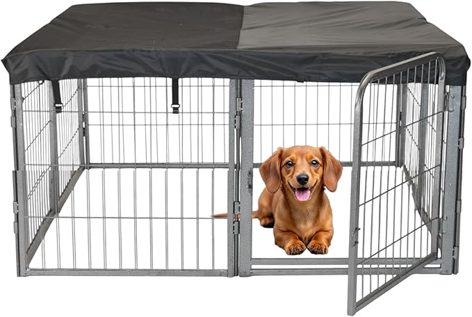 Dog Playpen w/Square Top Shade Cover - 24 inch, 8 Panel Portable Grey Metal Pet Play Pen for Small Dogs & Puppies - Indoor/Outdoor Kennel Cage for Home, Yard, RV, or Camping